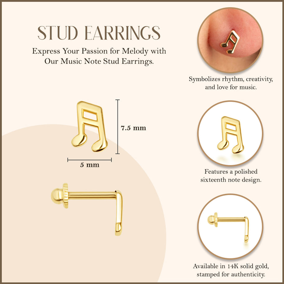 Music Note Stud Earrings in 14K Gold