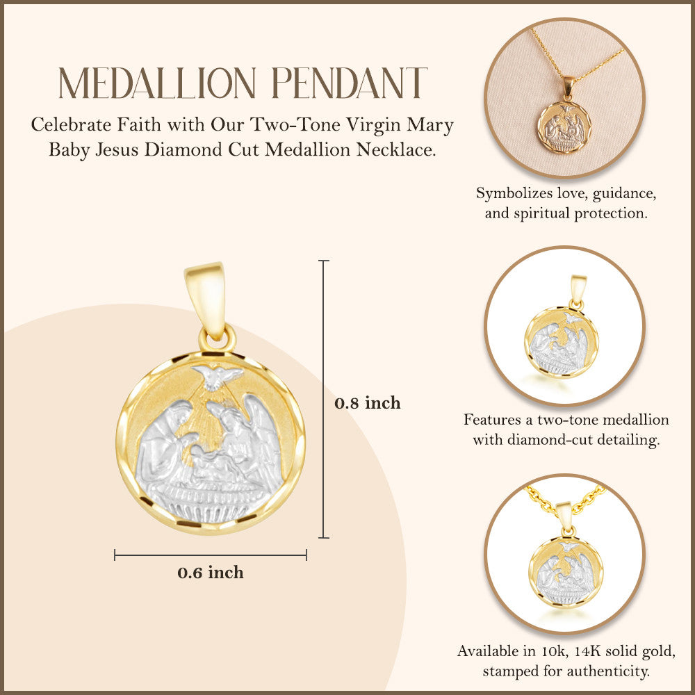 Two-Tone Gold Communion Nativity Diamond Cut Medallion Pendant Necklace