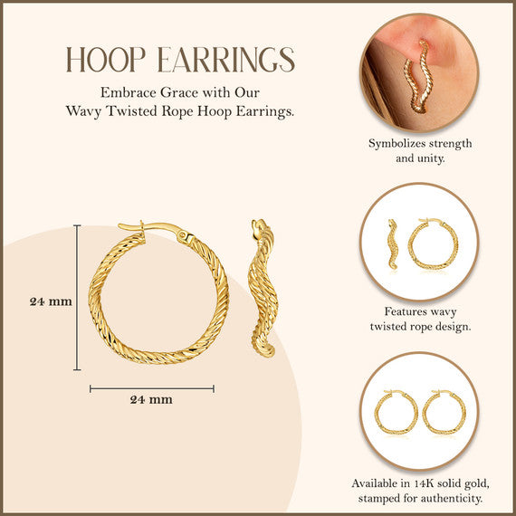 14K Yellow Gold Wavy Twisted Rope Hoop Earrings