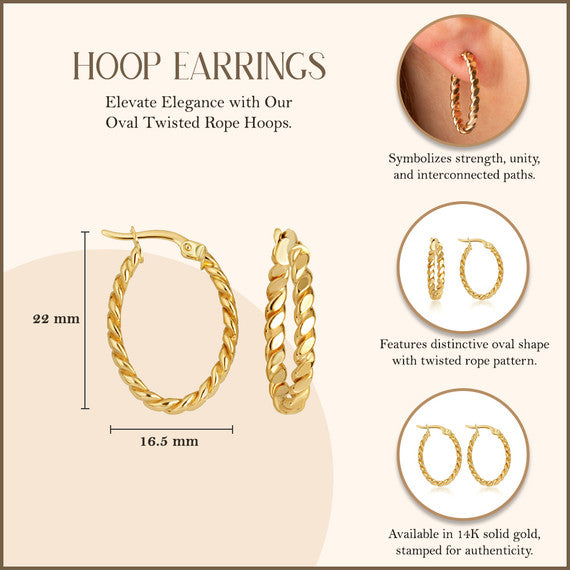 14K Yellow Gold Oval Twisted Rope Hoop Earrings