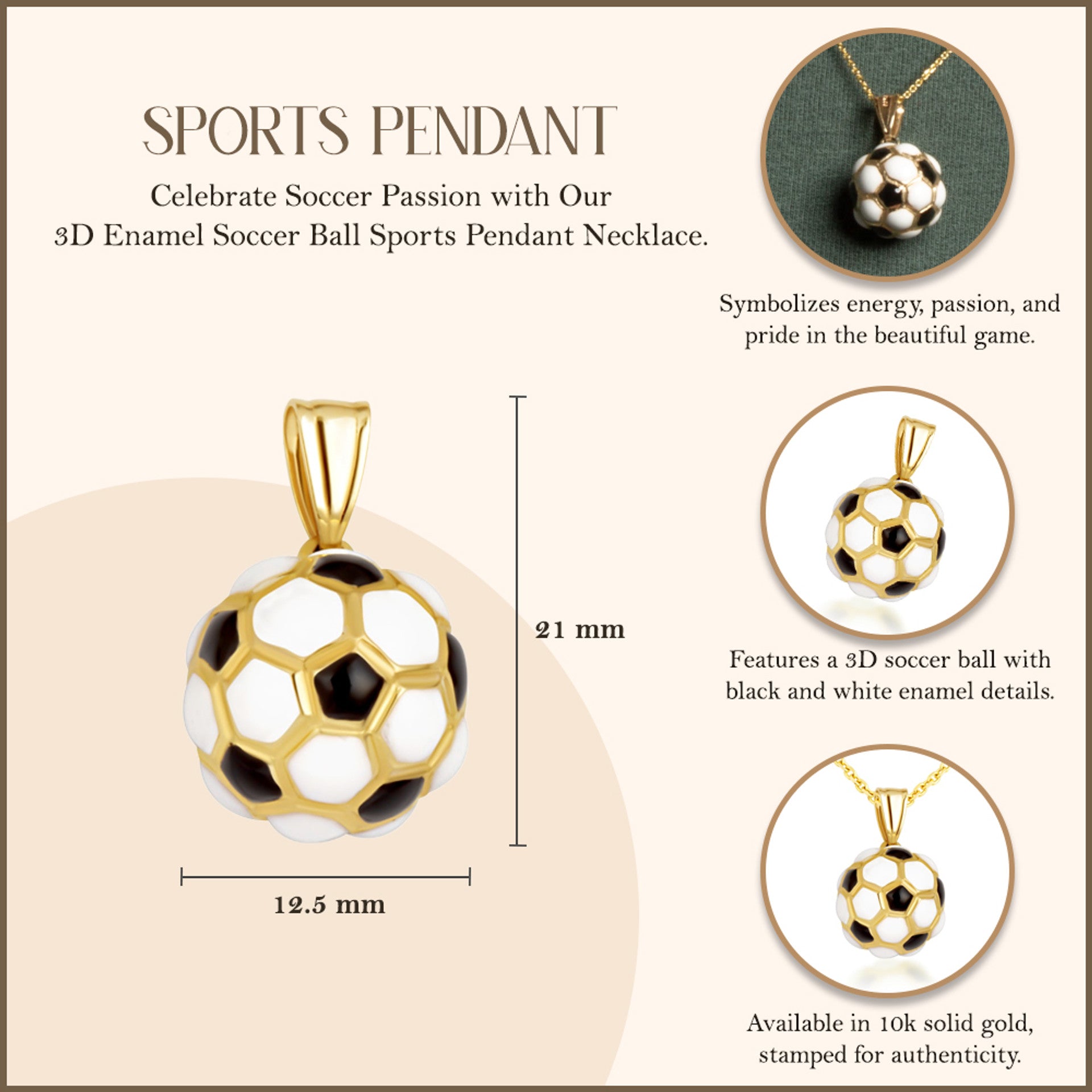Yellow Gold 3D Enamel Soccer Ball Sports Pendant Necklace