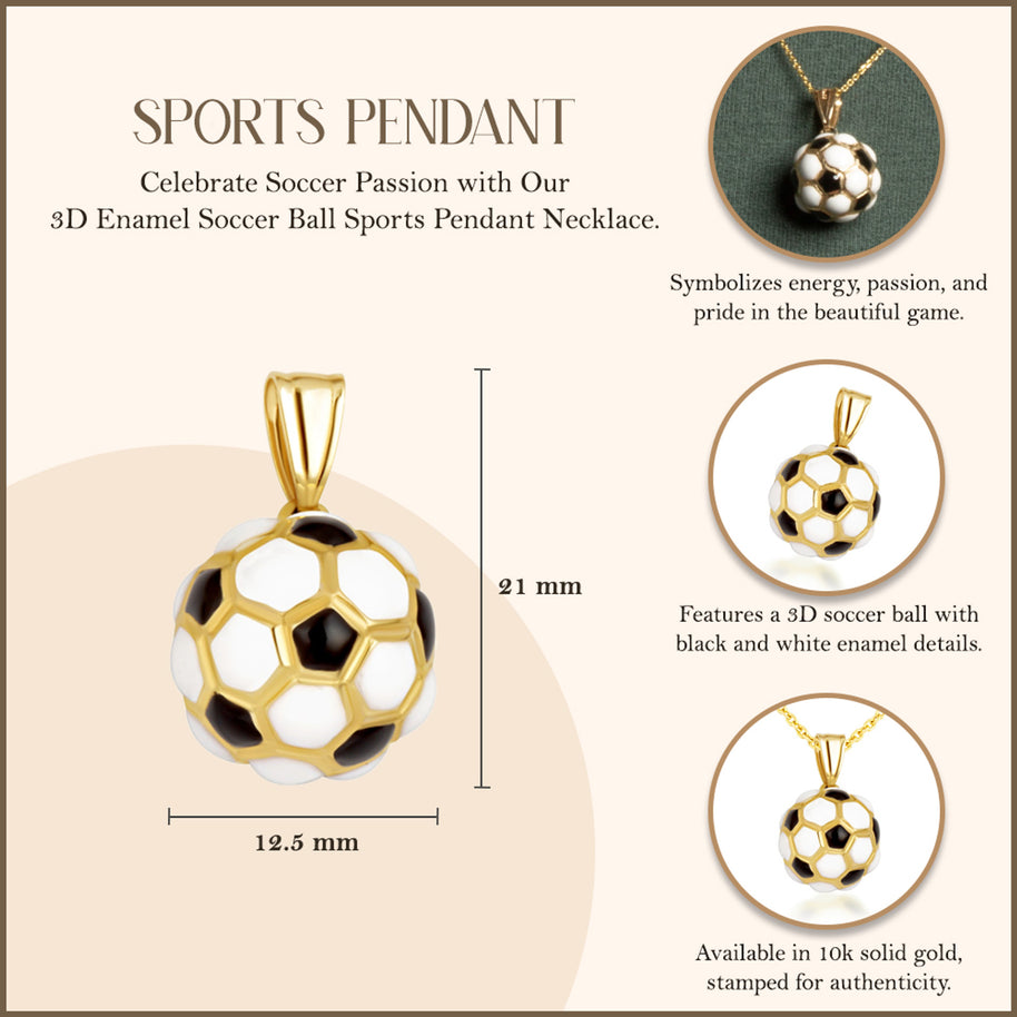 Yellow Gold 3D Enamel Soccer Ball Sports Pendant Necklace