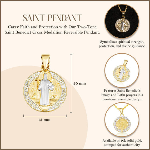 Two-Tone Gold Saint Benedict Cross Medallion Reversible Pendant Necklace