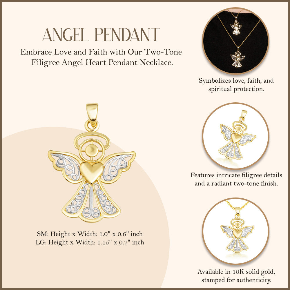 Two-Tone Gold Filigree Angel Heart Pendant Necklace