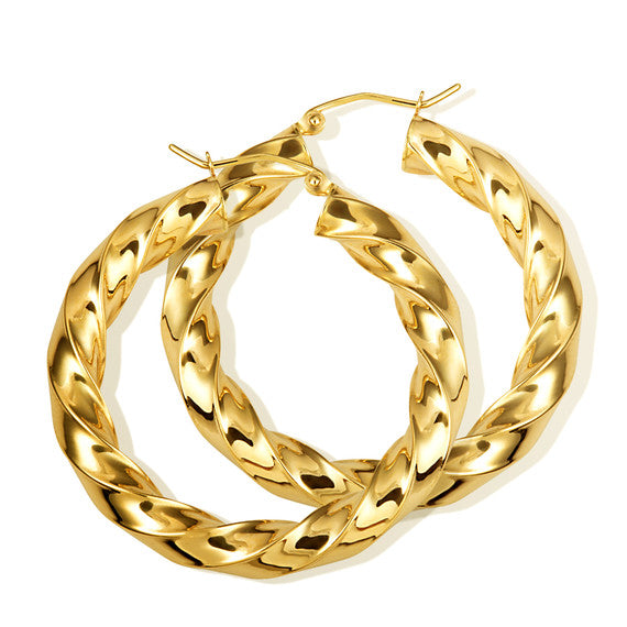 14K Yellow Gold Diamond Cut Twist Hoop Earrings 5.5mm x 37mm