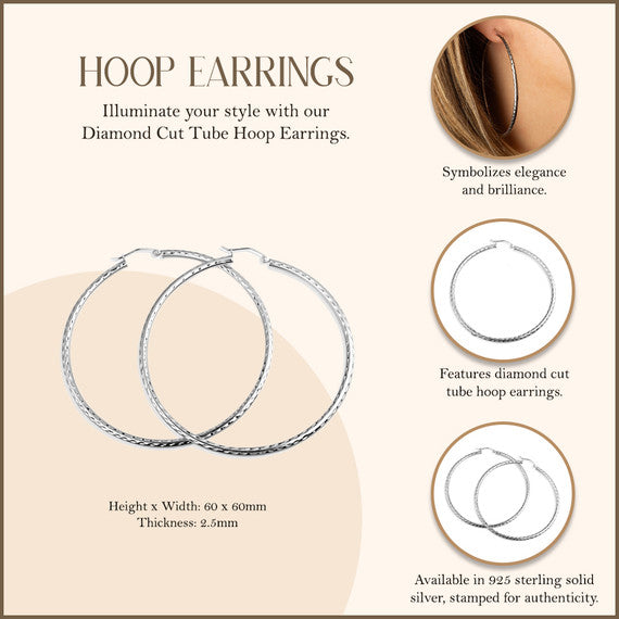 .925 Sterling Silver Diamond Cut Tube Hoop Earrings