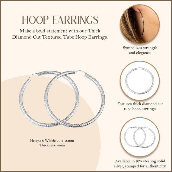 .925 Sterling Silver Diamond Cut Textured Tube Hoop Earrings