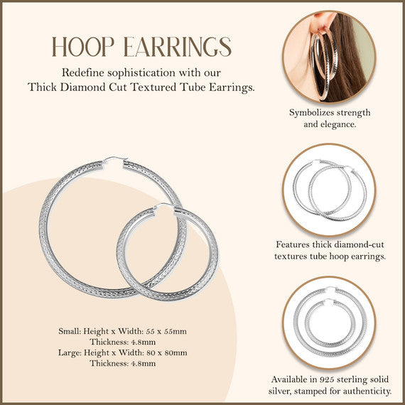 .925 Sterling Silver Textured Diamond Cut Tube Hoop Earrings (Available in Small/Large)