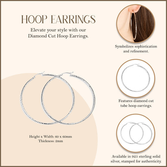 .925 Sterling Silver Diamond Cut Hoop Earrings