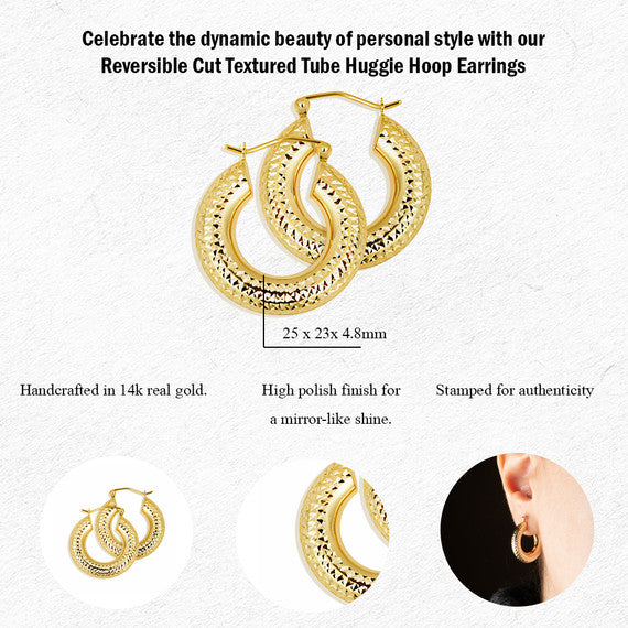 14K Yellow Gold Diamond Cut Textured Chunky Hoop Earrings