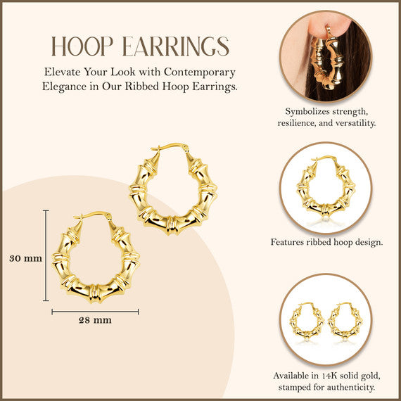 14K Yellow Gold Ribbed Hoop Earrings