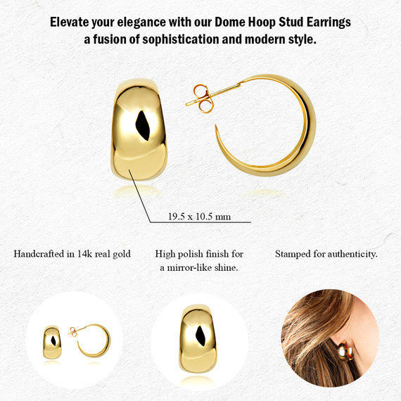 Yellow Gold Dome Hoop Stud Earrings
