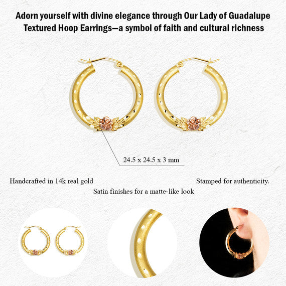 Prev Next Two-Tone Gold Diamond Cut Rose Flower Satin Finish Hoop Earrings