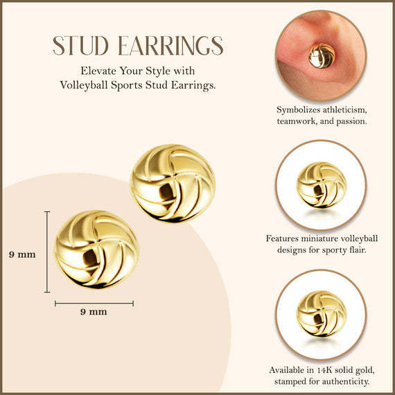 14K Yellow Gold Volleyball Sports Stud Earrings