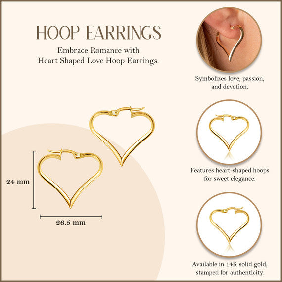 14K Yellow Gold Heart Shaped Love Hoop Earrings