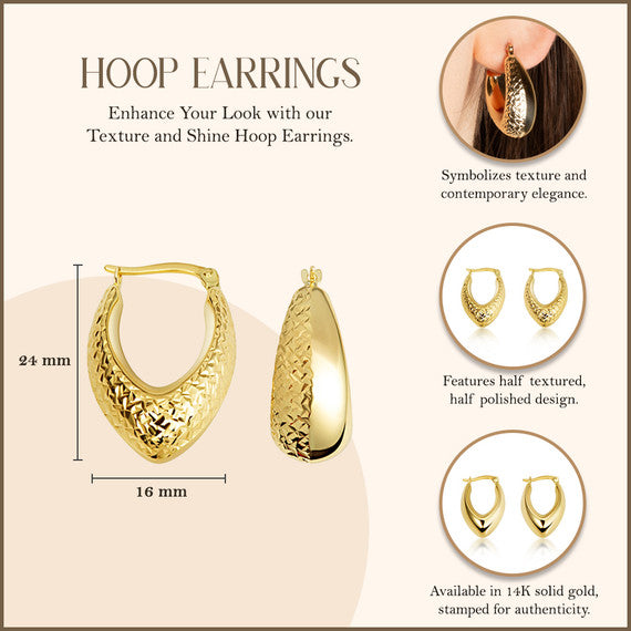 14K Yellow Gold Textured Hoop Earrings