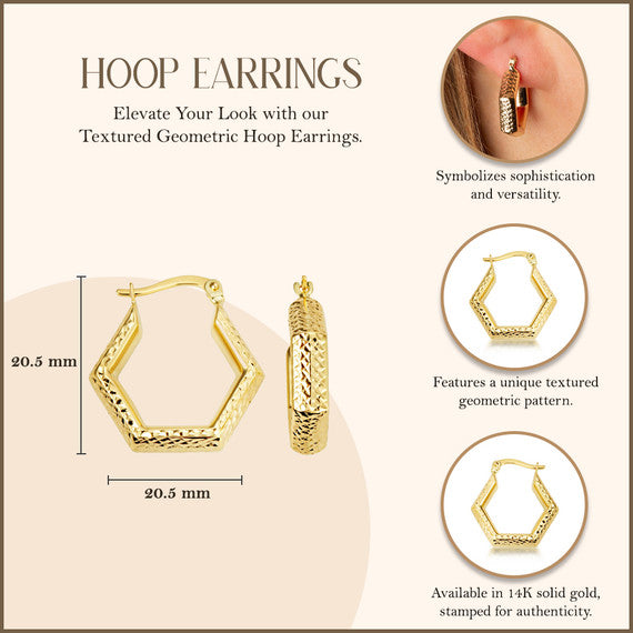 14K Yellow Gold Textured Geometric Hoop Earrings