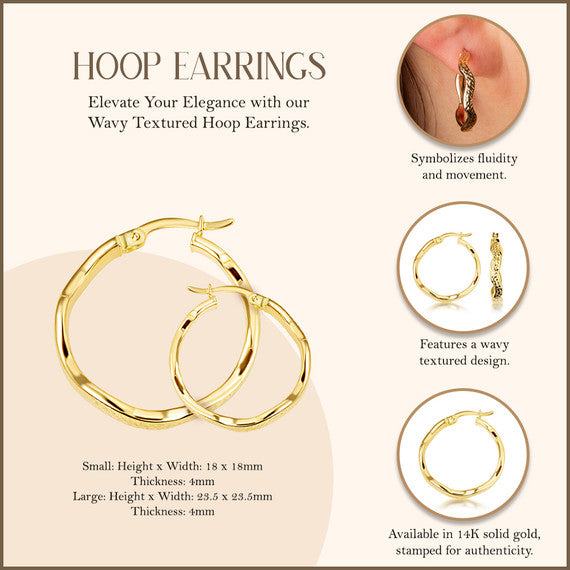 14K Yellow Gold Wavy Textured Hoop Earrings (Available in Small/Large)