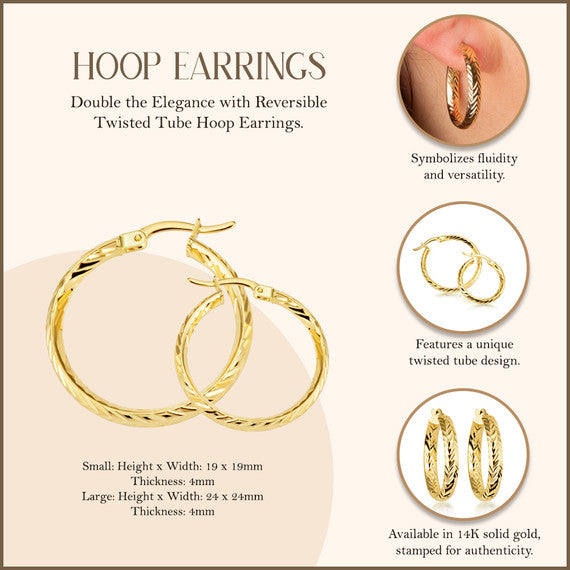 14K Yellow Gold Reversible Twisted Tube Hoop Earrings (Available in Small/Large)