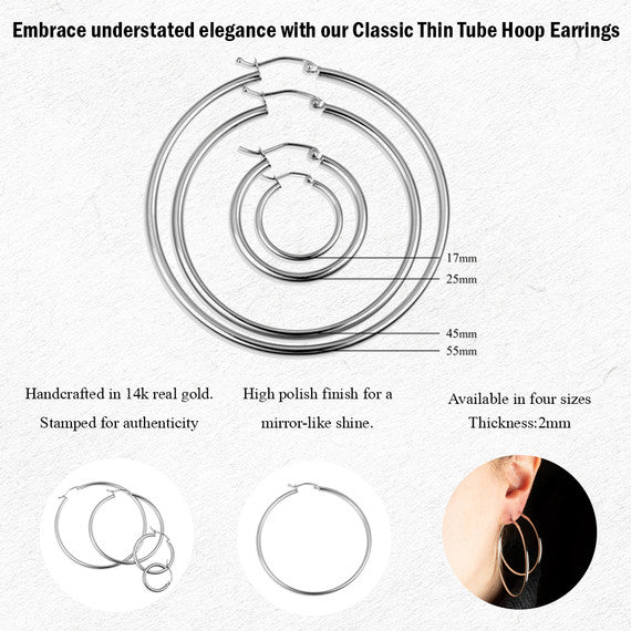 14K White Gold Thin Tube Hoop Earrings (Available in Small/Medium/Large/X-Large))