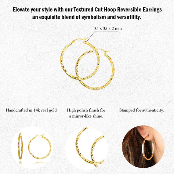 14K Yellow Gold Diamond Cut Hoop Textured Earrings