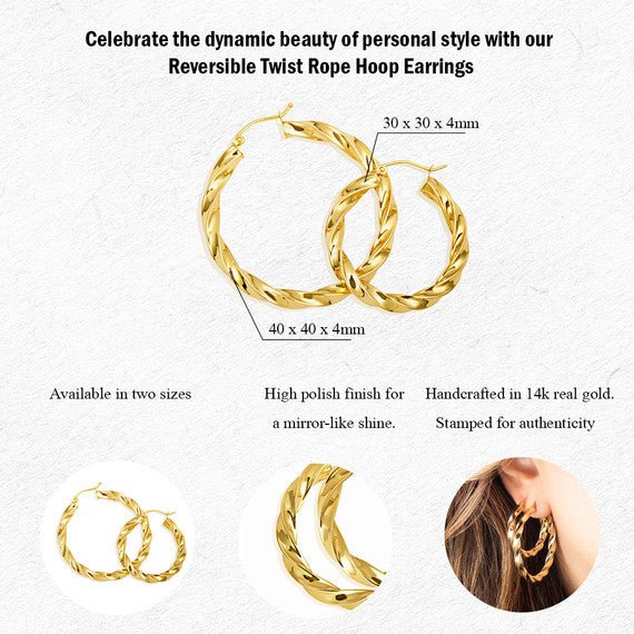 14K Yellow Gold Twist Diamond Cut Hoop Earrings