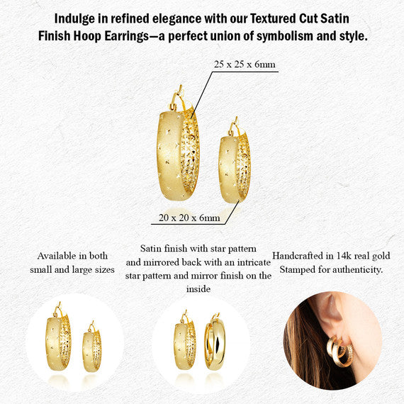 14K Yellow Gold Diamond Cut Satin Finish Hoop Earrings