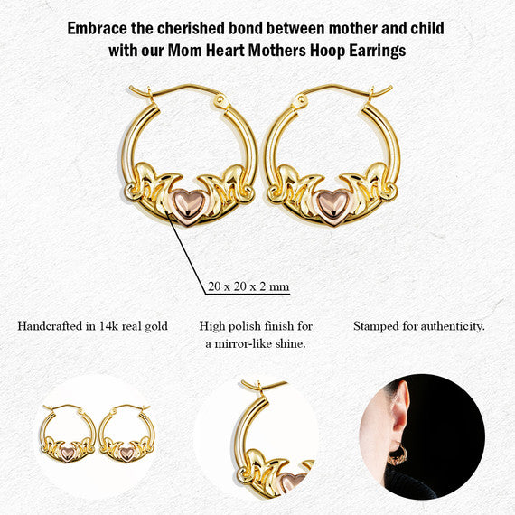 14K Two-Tone Gold Mom Heart Mothers Hoop Earrings