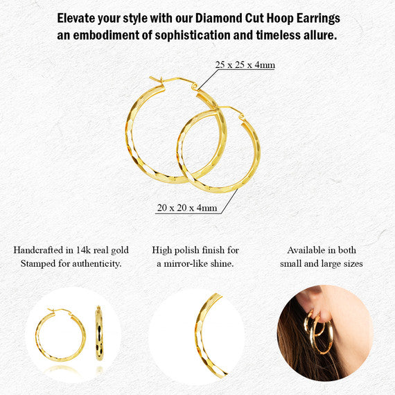 14K Yellow Gold Diamond Cut Hoop Earrings