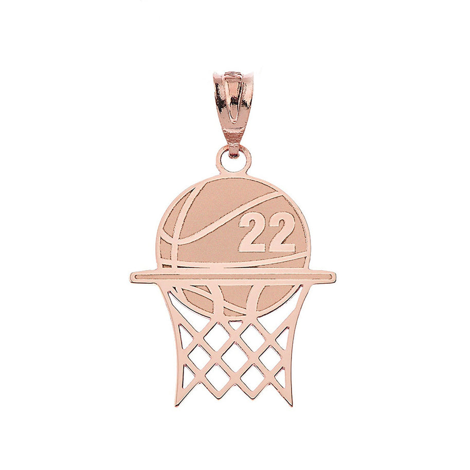 Gold Personalized Basketball Hoop Engravable Name & Number Sports Pendant Necklace (Yellow/Rose/White)