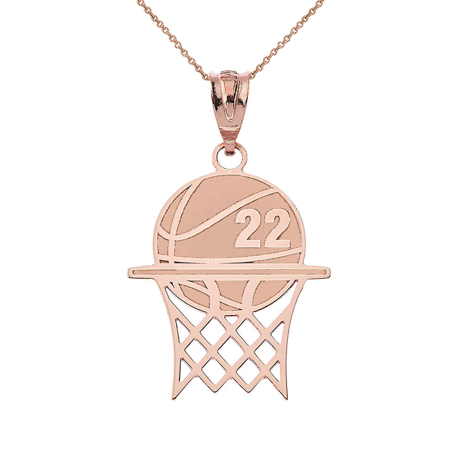 Gold Personalized Basketball Hoop Engravable Name & Number Sports Pendant Necklace (Yellow/Rose/White)