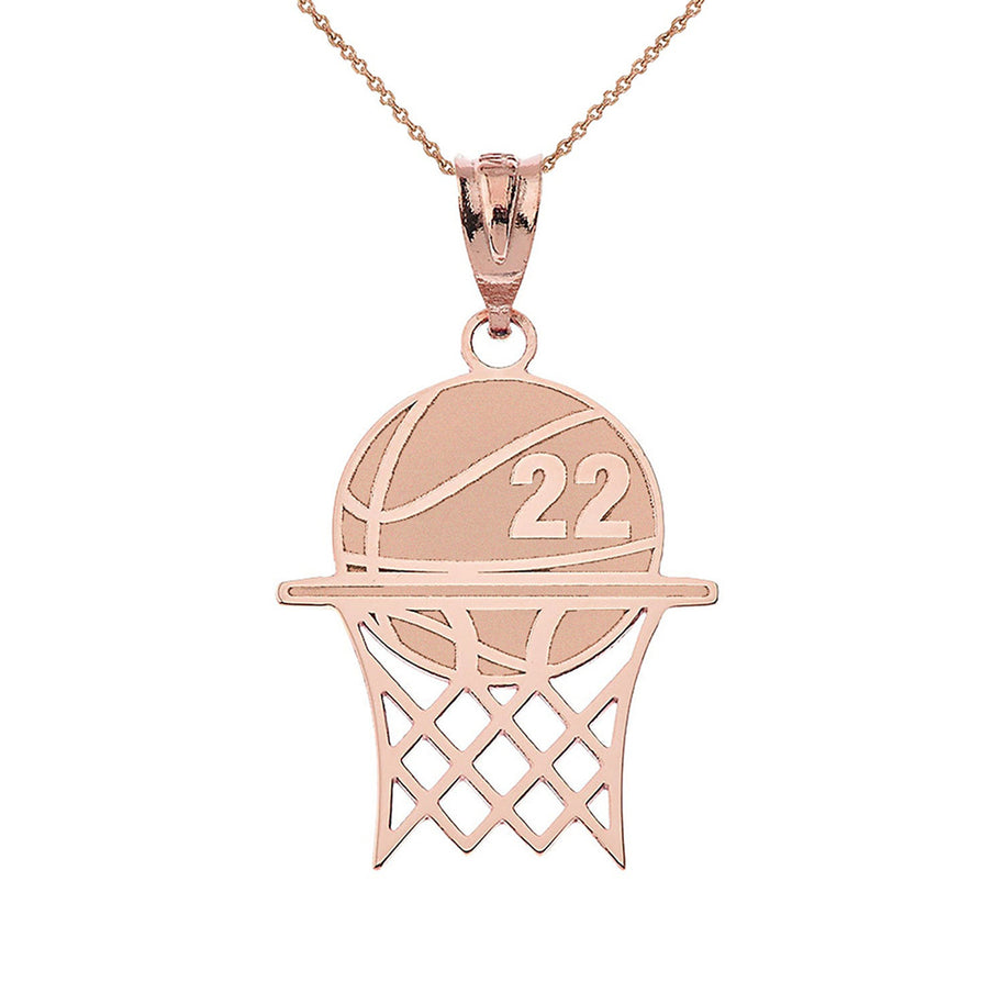 Gold Personalized Basketball Hoop Engravable Name & Number Sports Pendant Necklace (Yellow/Rose/White)