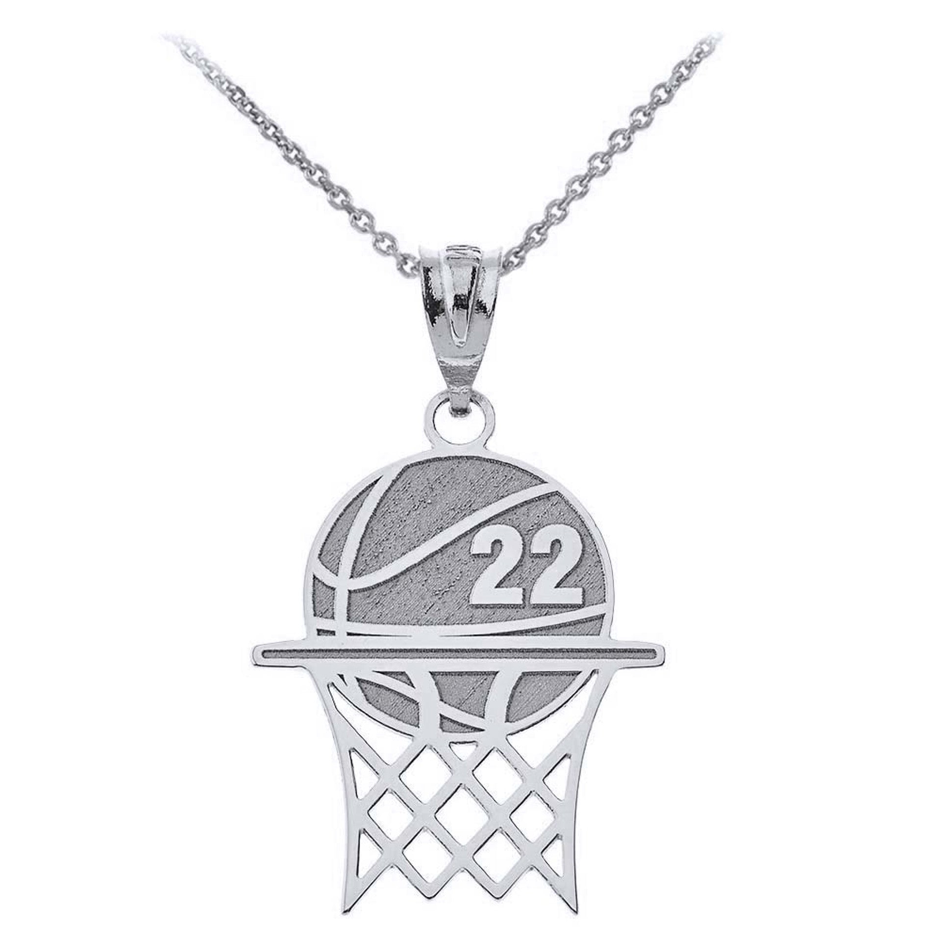 Gold Personalized Basketball Hoop Engravable Name & Number Sports Pendant Necklace (Yellow/Rose/White)
