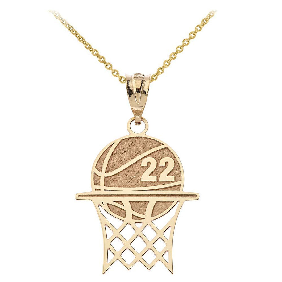 Gold Personalized Basketball Hoop Engravable Name & Number Sports Pendant Necklace (Yellow/Rose/White)