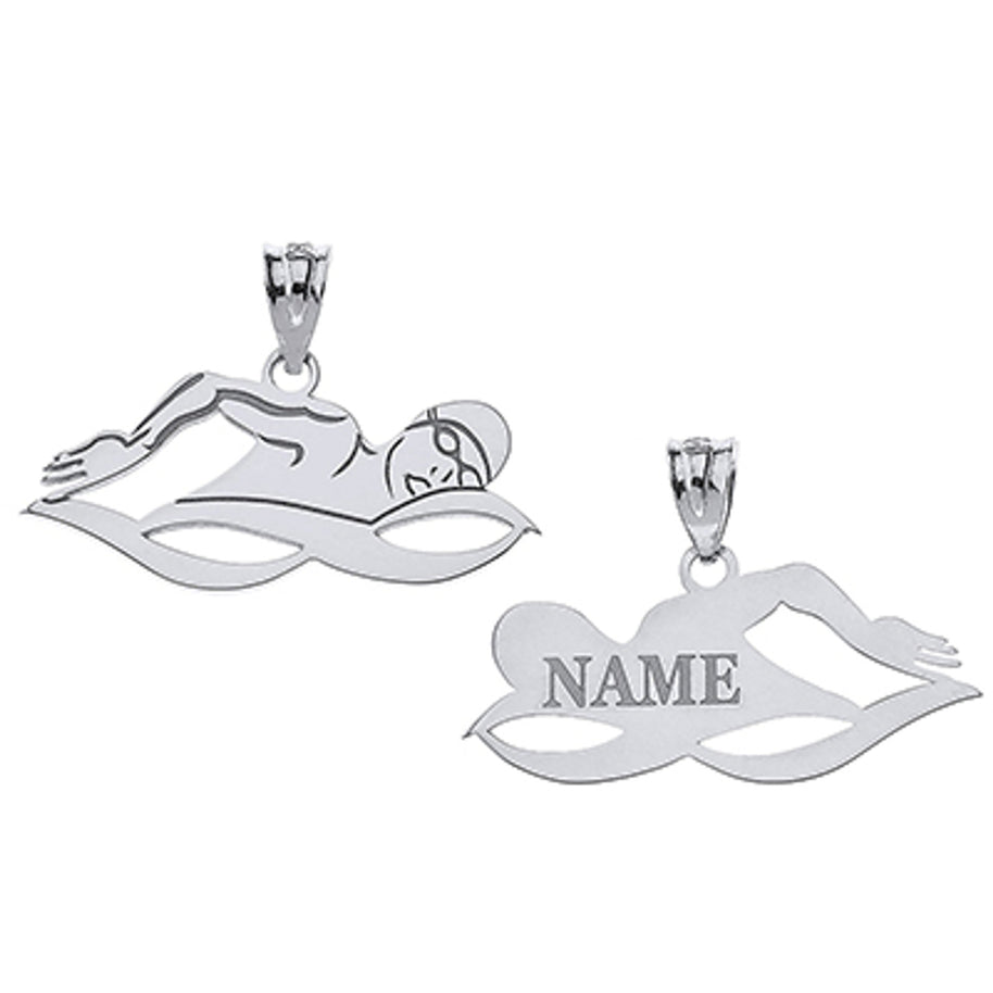 Gold Custom Engravable Swimmer Sports Pendant Necklace (Available in Yellow/Rose/White Gold)