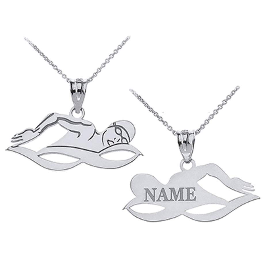 Gold Custom Engravable Swimmer Sports Pendant Necklace (Available in Yellow/Rose/White Gold)