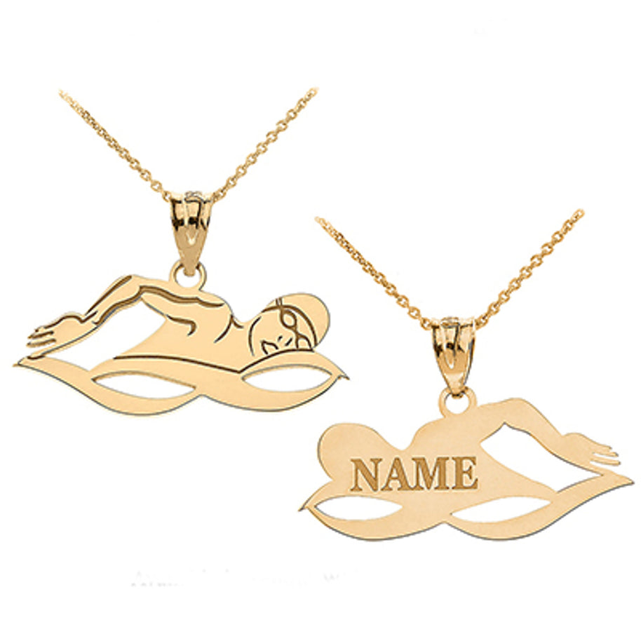 Gold Custom Engravable Swimmer Sports Pendant Necklace (Available in Yellow/Rose/White Gold)