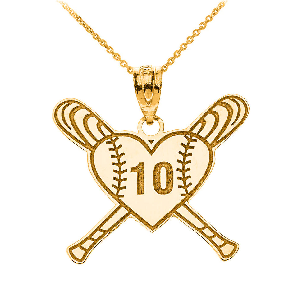 Gold Engravable Crossed Baseball Bats Heart Sports Number Pendant Necklace (Available in Yellow/Rose/White Gold)
