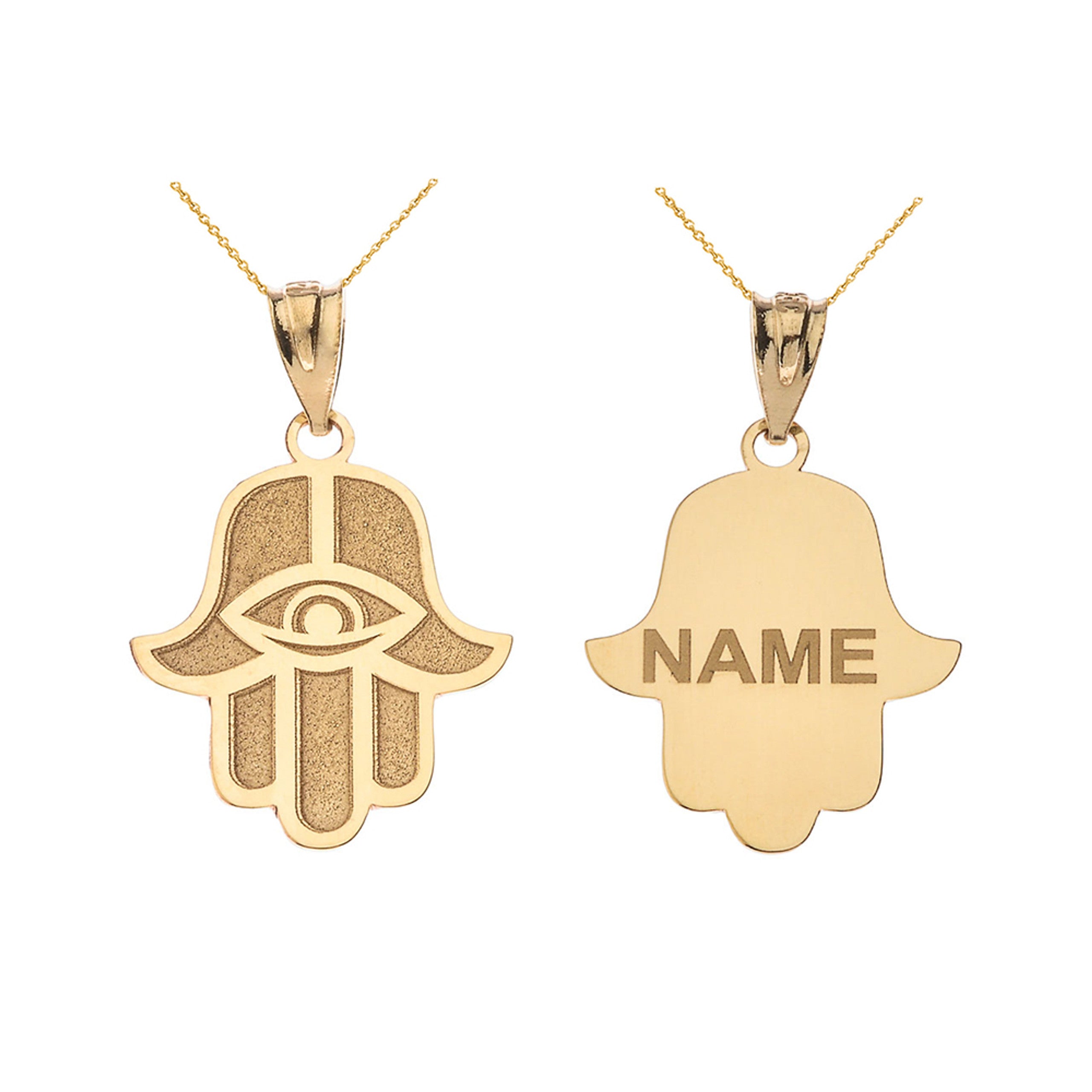 Gold Custom Engravable Hamsa Hand Evil Eye Pendant Necklace (Available in Yellow/Rose/White Gold)