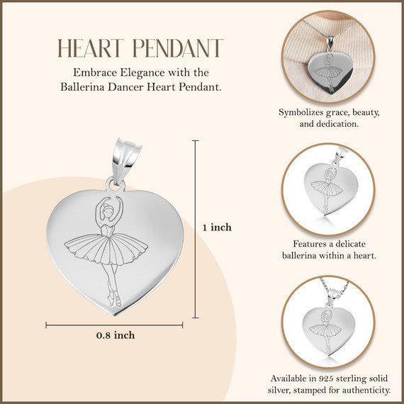 .925 Sterling Silver Ballerina Dancer Heart Pendant Necklace