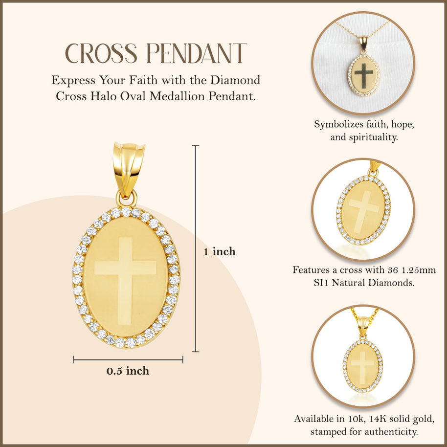 Gold Diamond Cross Halo Oval Medallion Pendant Necklace (Available in Yellow/Rose/White Gold)