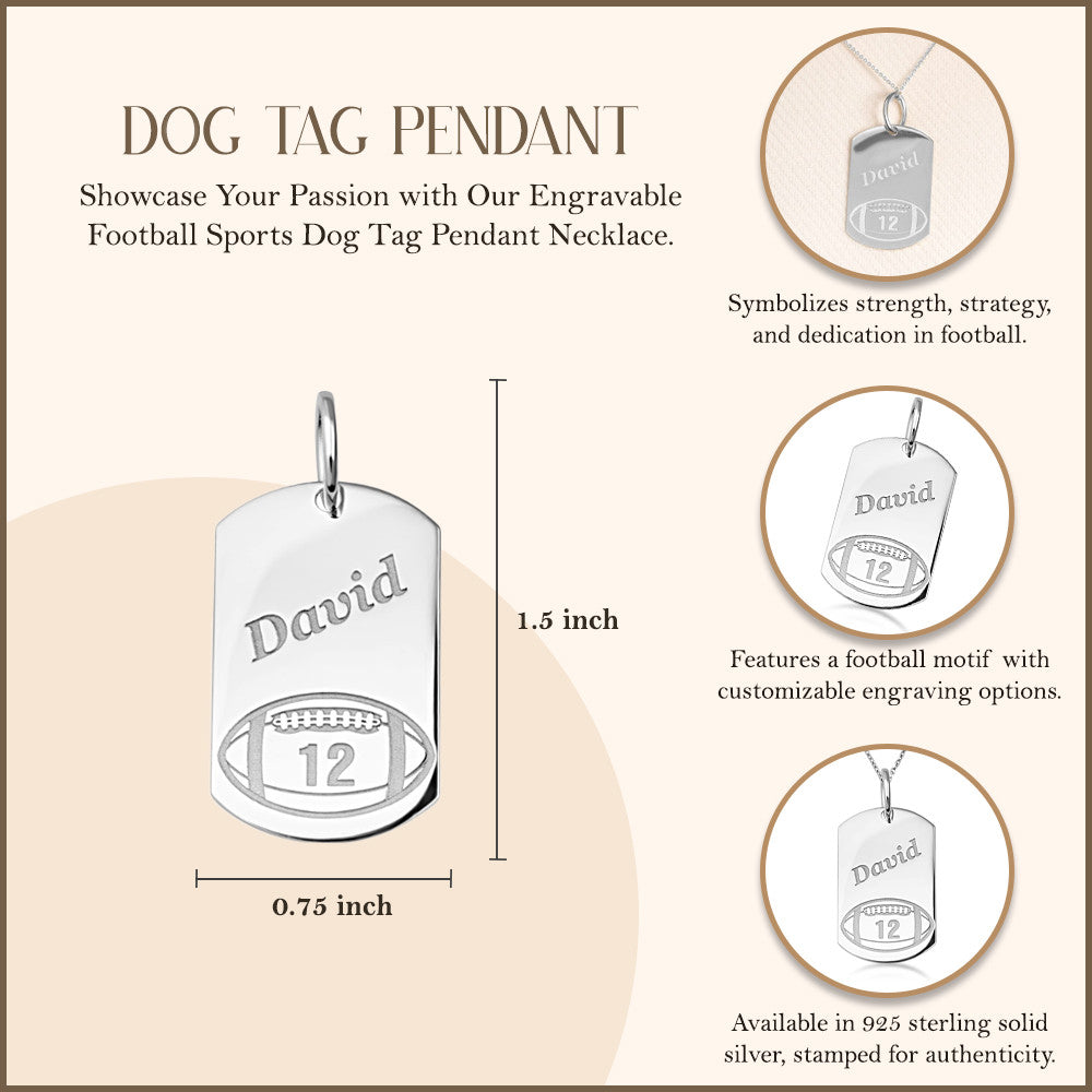 .925 Sterling Silver Engravable Football Sports Dog Tag Pendant Necklace