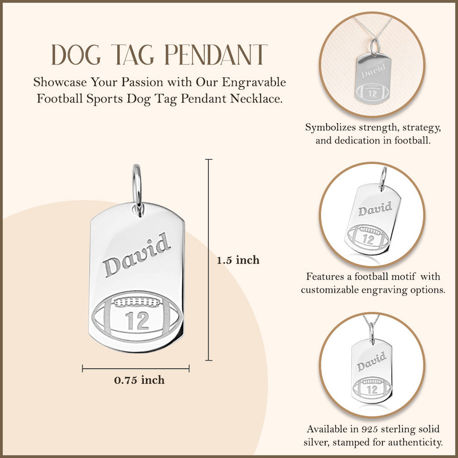 .925 Sterling Silver Engravable Football Sports Dog Tag Pendant Necklace
