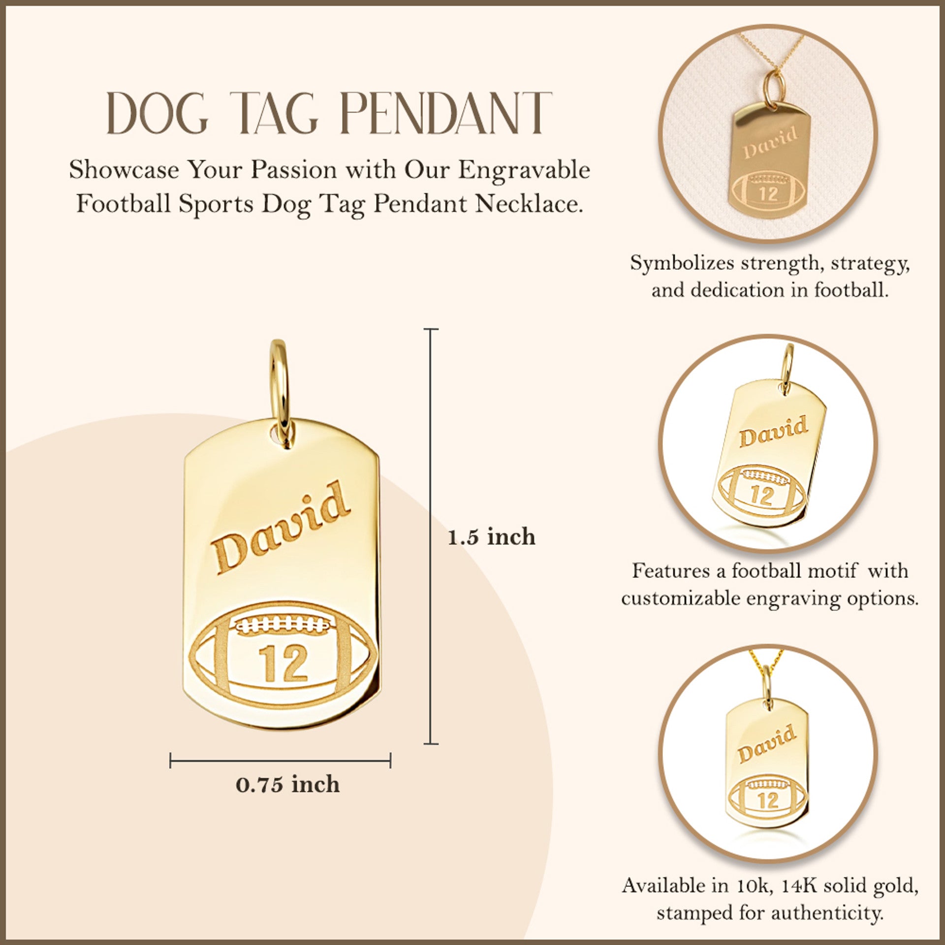 Yellow Gold Engravable Football Sports Dog Tag Pendant Necklace