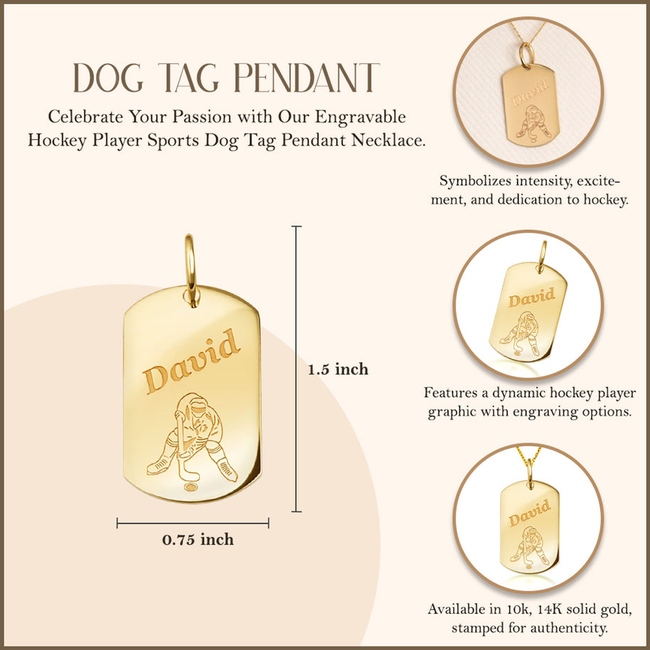 Yellow Gold Engravable Hockey Player Sports Dog Tag Pendant Necklace