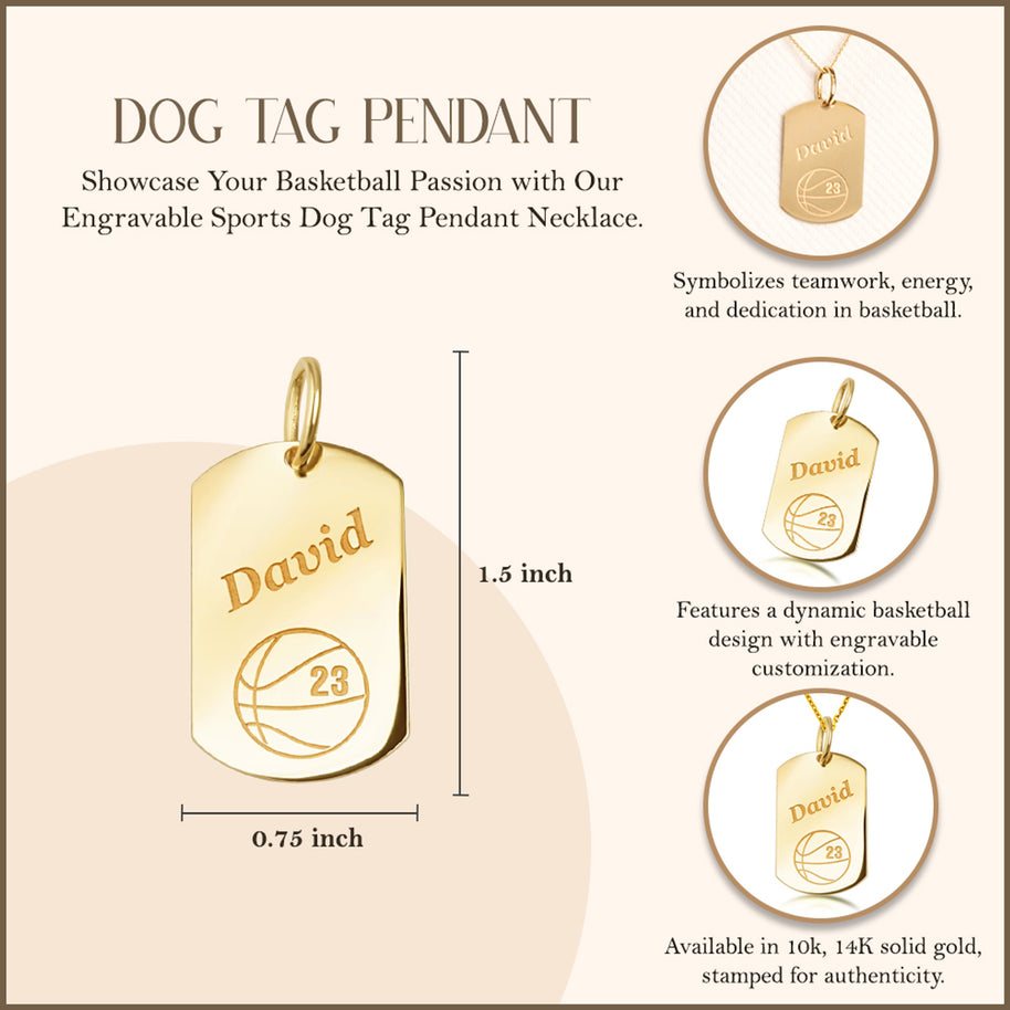 Yellow Gold Engravable Basketball Sports Dog Tag Pendant Necklace
