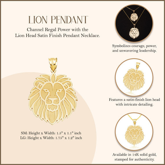 14K Yellow Gold Lion Head Satin Finish Pendant Necklace (Available in Small/Large)