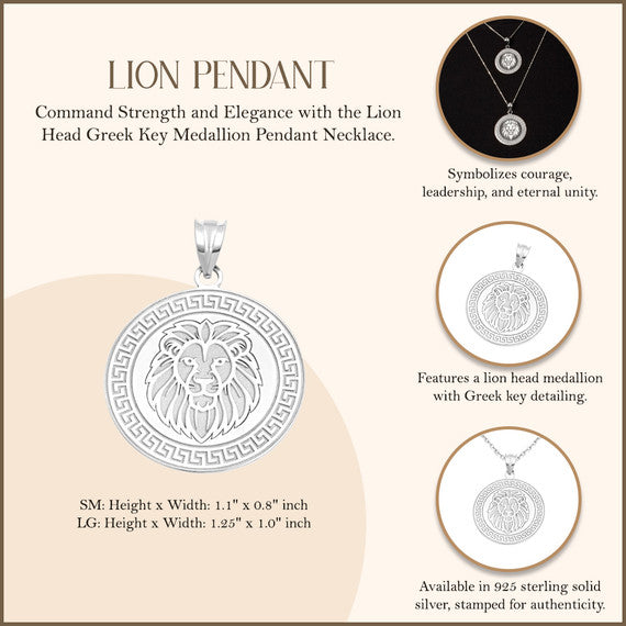 .925 Sterling Silver Lion Head Greek Key Medallion Pendant Necklace (Available in Small & Large)