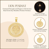 14K Yellow Gold Lion Head Greek Key Medallion Pendant Necklace (Available in Small/Large)