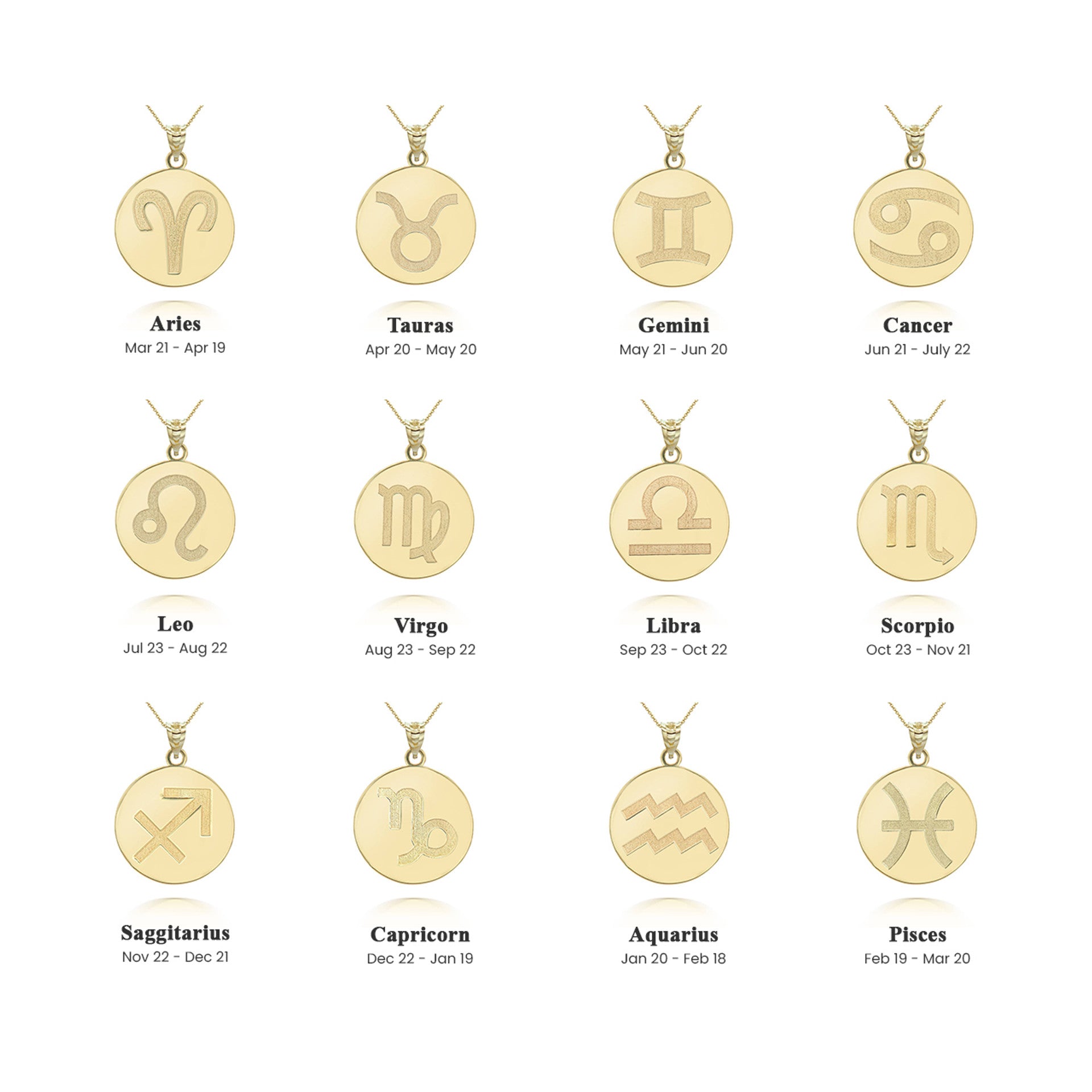 Gold Custom Satin Finish Zodiac Sign Engravable Coin Pendant Necklace (Available in Yellow/Rose/White Gold)